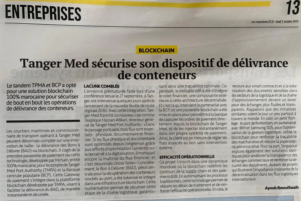BCP – TMPA Signature du premier contrat « Blockchain Payment Gateway » au service de l’écosystème portuaire et logistique